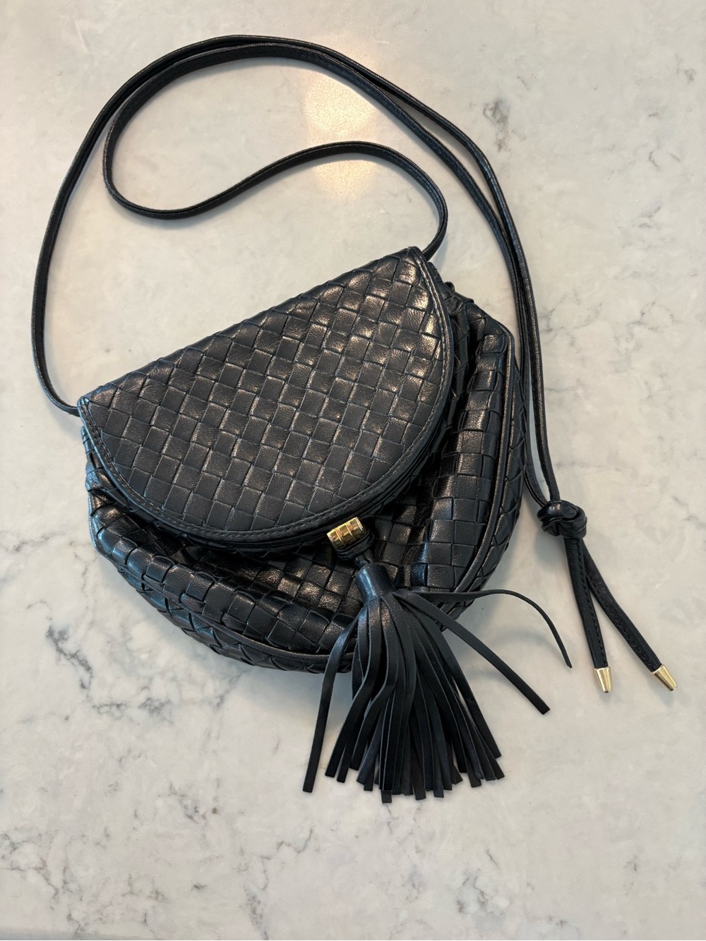 Woven Leather Crossbody Bag with Tassel - Black